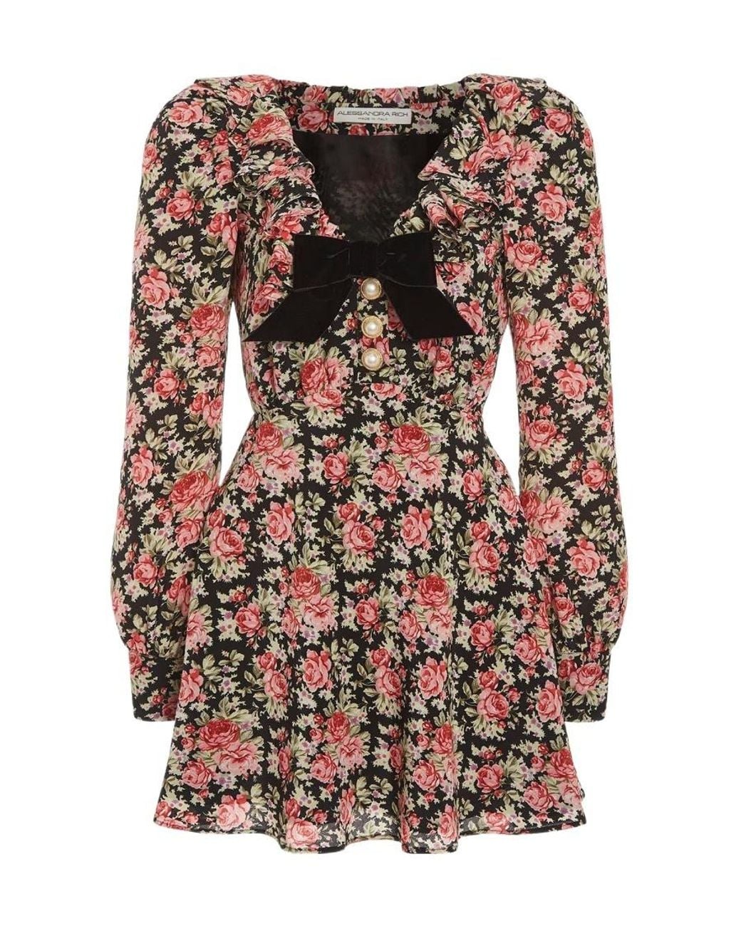 Alessandra Rich Multicolor Floral Print Bow-Embellished Minidress