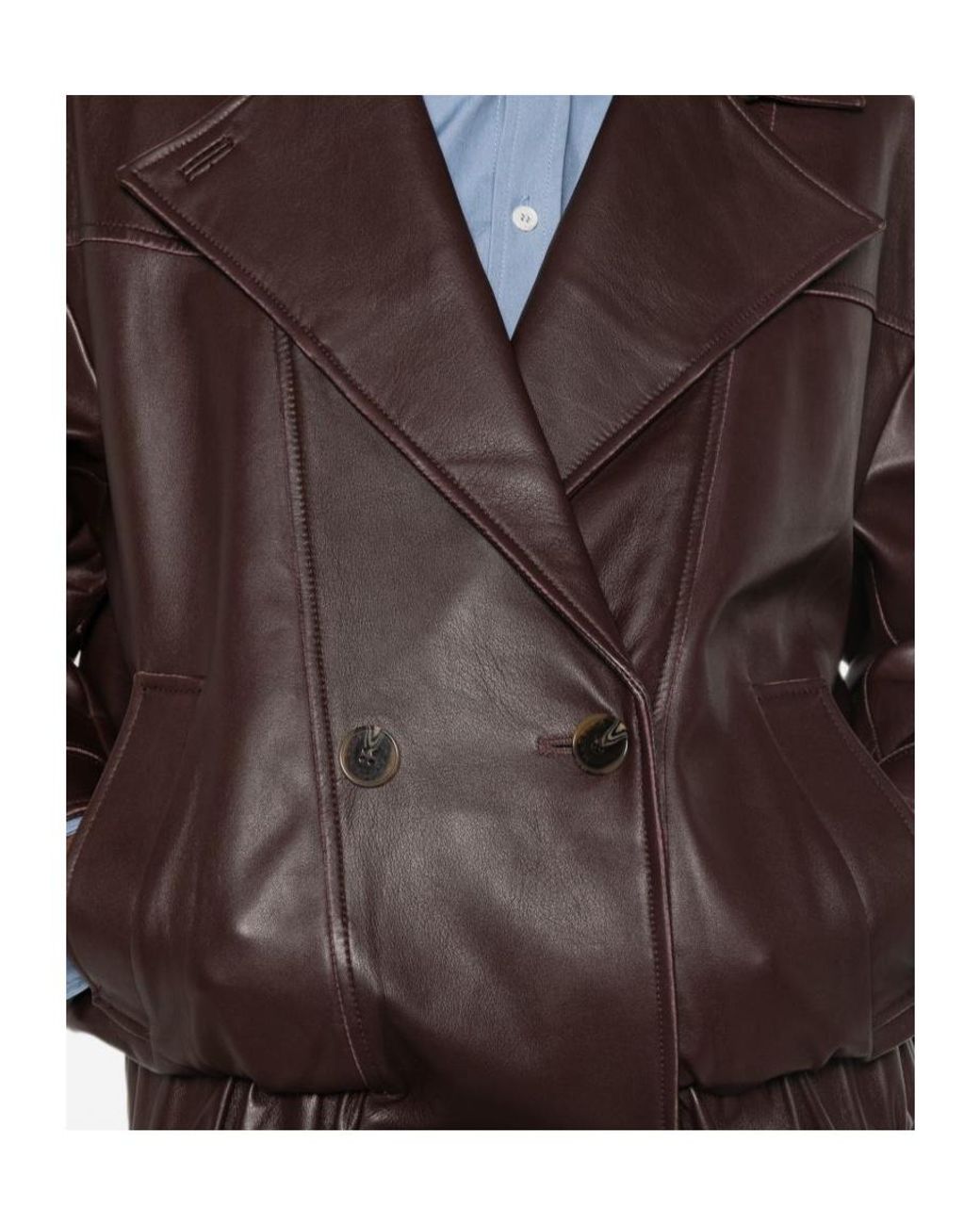 Marella Brown Long-Sleeve Leather Jacket With A Lapel Collar