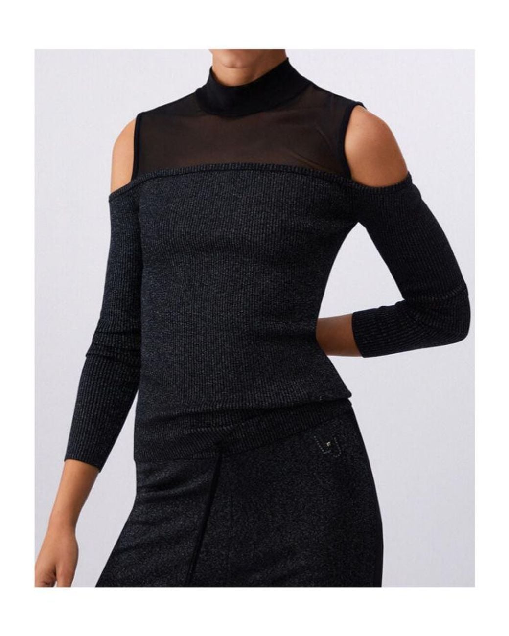 Liu Jo Black Mesh Insert Cold-Shoulder T-Shirt