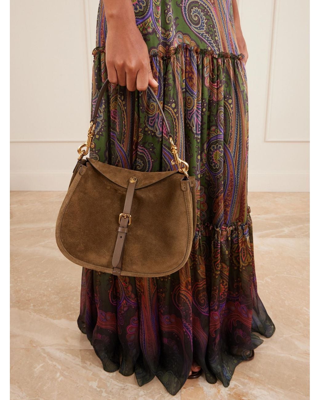 Etro Brown Logo-Detailed Leather-Trimmed Suede Shoulder Bag