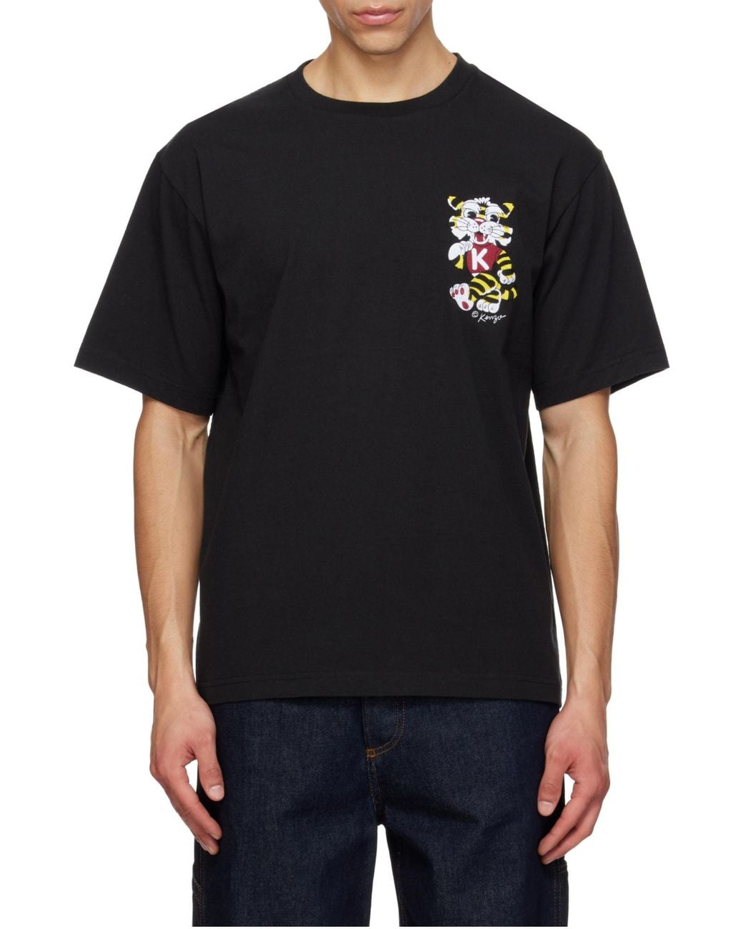 KENZO Black Oversized Cotton T-Shirt With Wild Tiger Embroidery for men