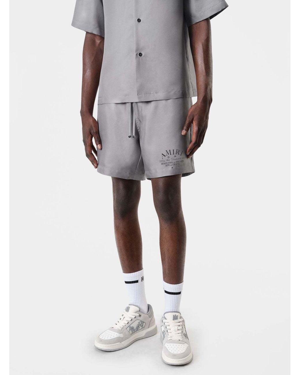 Amiri Gray Logo Printed Swim Shorts for men