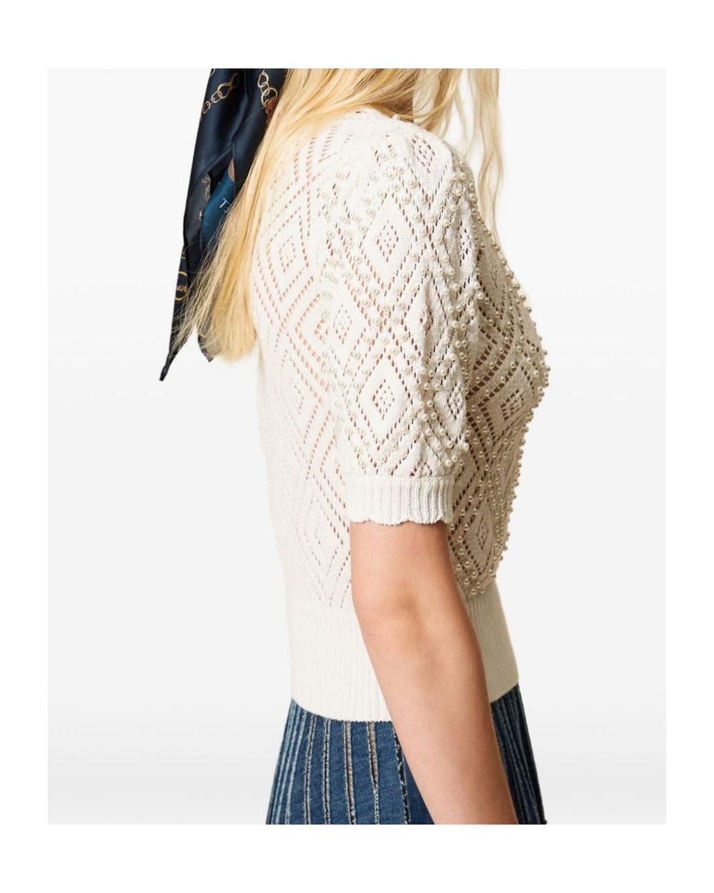 Twinset White Embellished Short-Sleeved Knitted Sweater