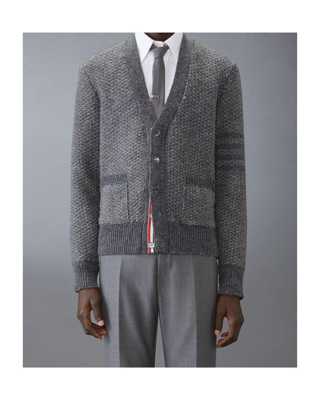 Thom Browne Gray V-Neck Chunky-Knit Cardigan for men