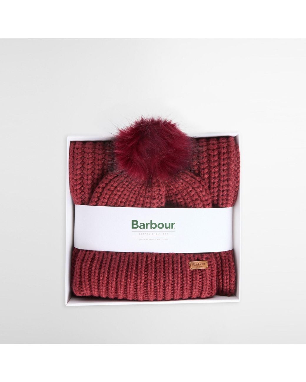 Barbour Red Knitted Beanie And Scarf Set