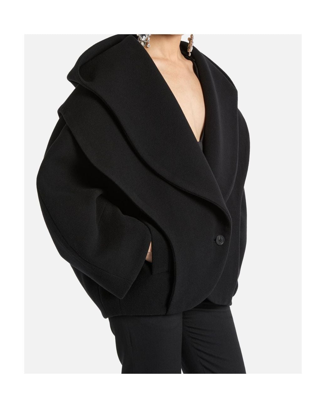 Balmain Black Oversized Wool Pea Coat With Hood