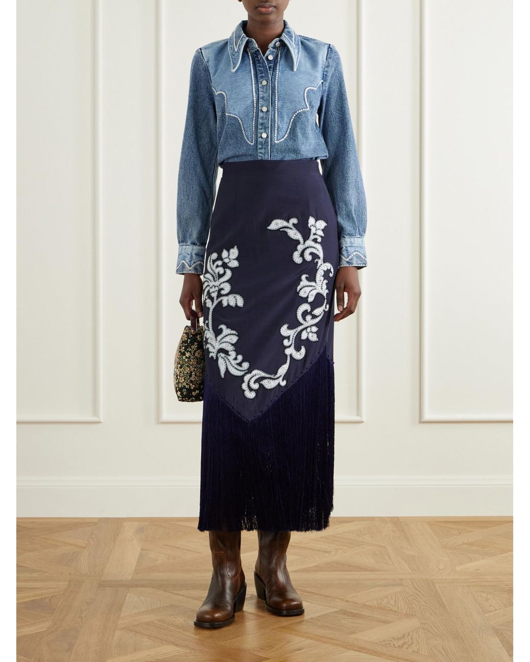 ALÉMAIS Blue Dillon Crystal And Bead-Embellished Fringed Appliquéd Satin Midi Skirt