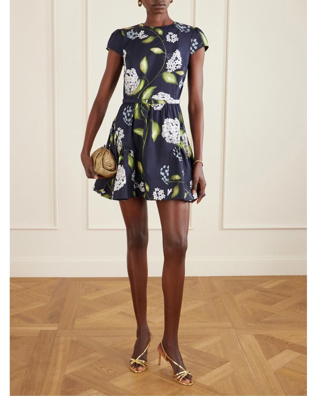 Oscar de la Renta Blue Belted Tiered Floral-Print Cotton-Blend Poplin Mini Dress