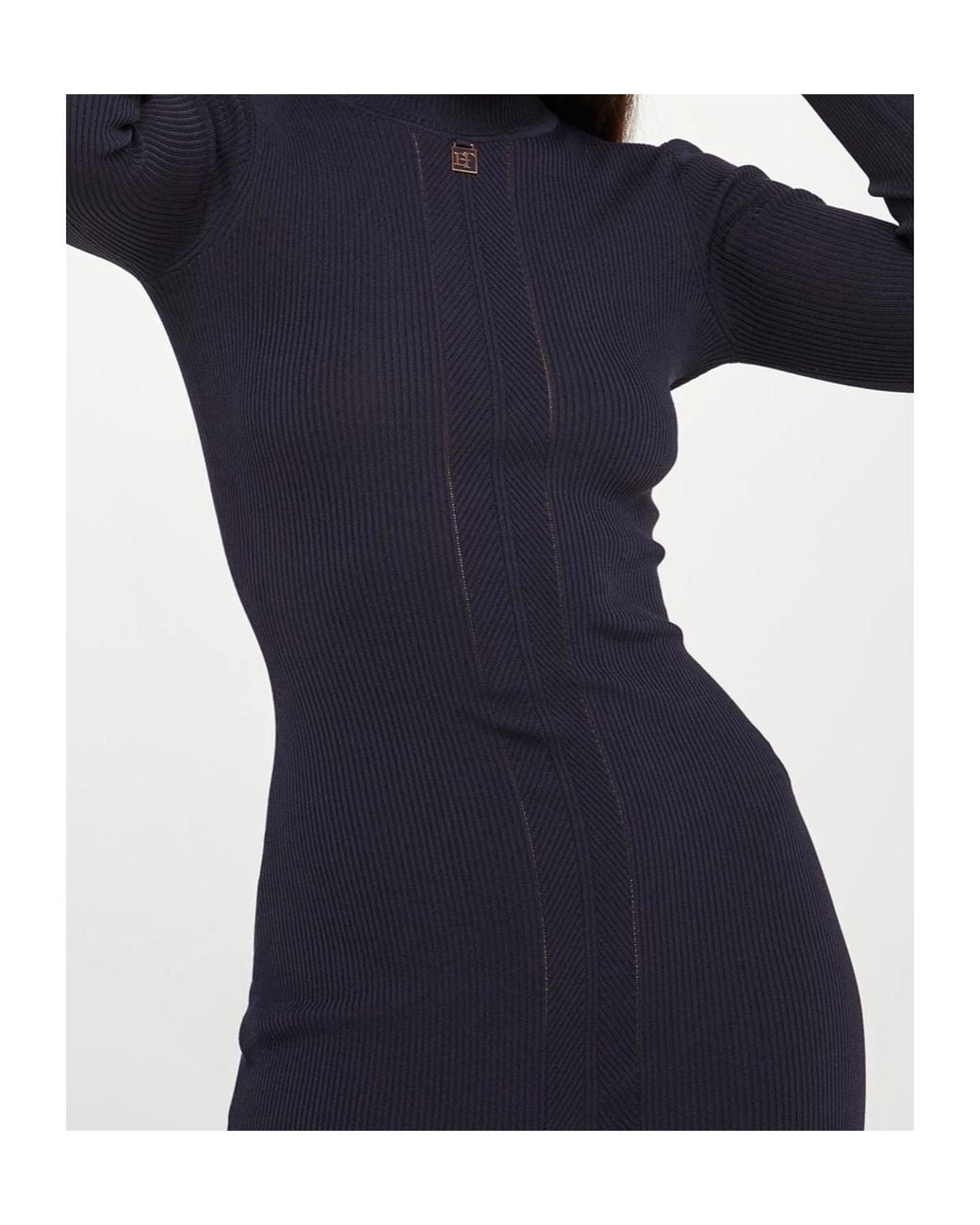 Elisabetta Franchi Blue Ribbed-Knit High-Neck Midi Dress