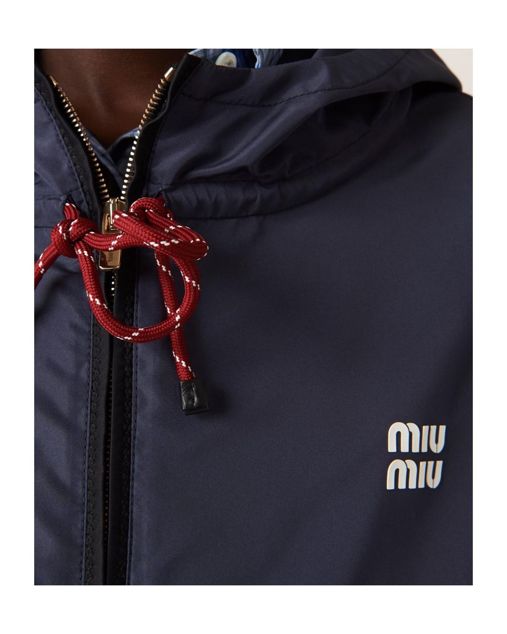 Miu Miu Blue Logo-Rubberised Zipped Hooded Jacket