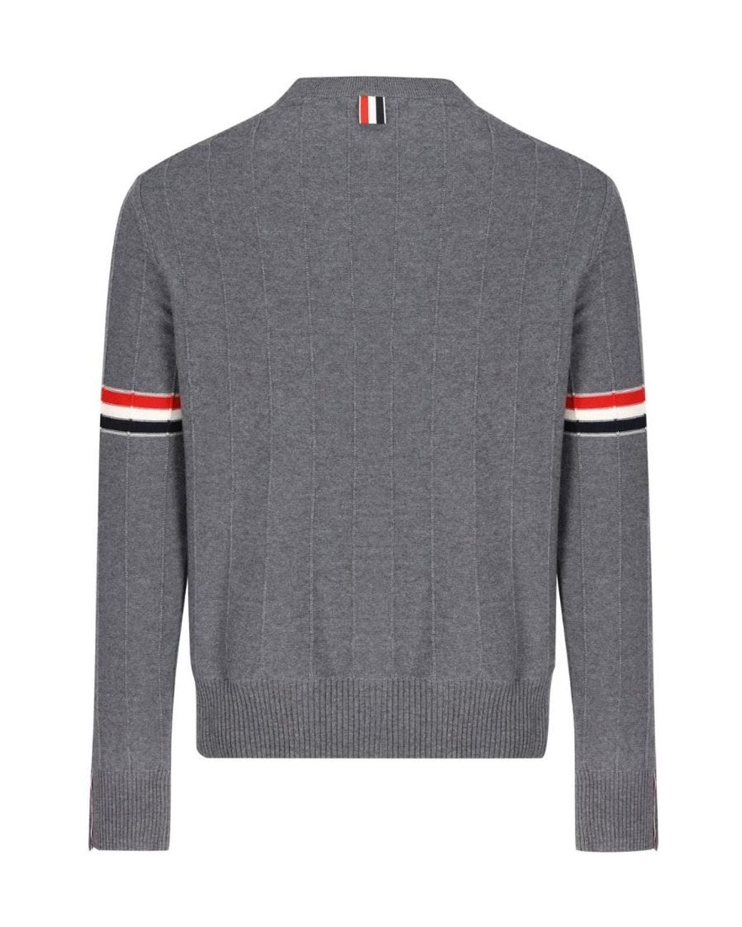 Thom Browne Gray Rwb-Stripe Long-Sleeved Crewneck Jumper for men