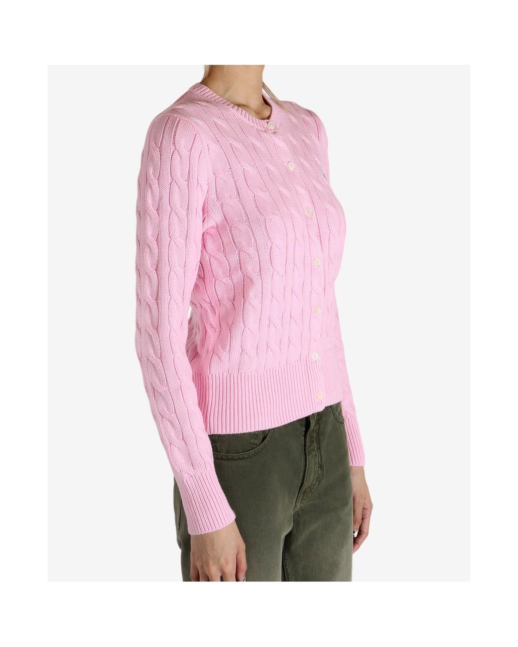 Polo Ralph Lauren Pink Cable-Knit Cotton Crewneck Cardigan