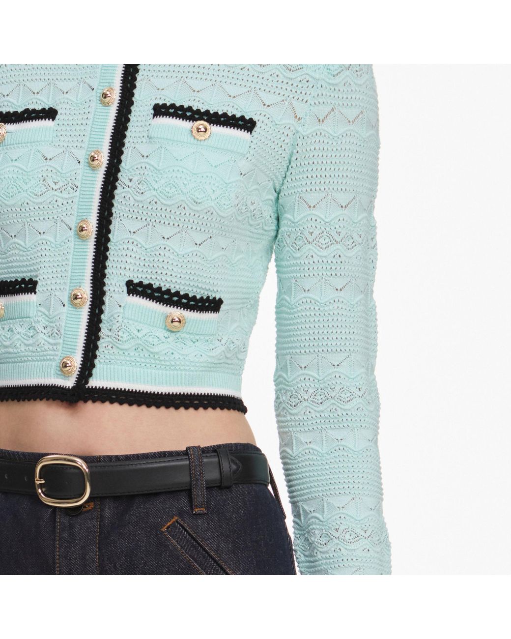 Self-Portrait Blue Pointelle Cropped Cardigan