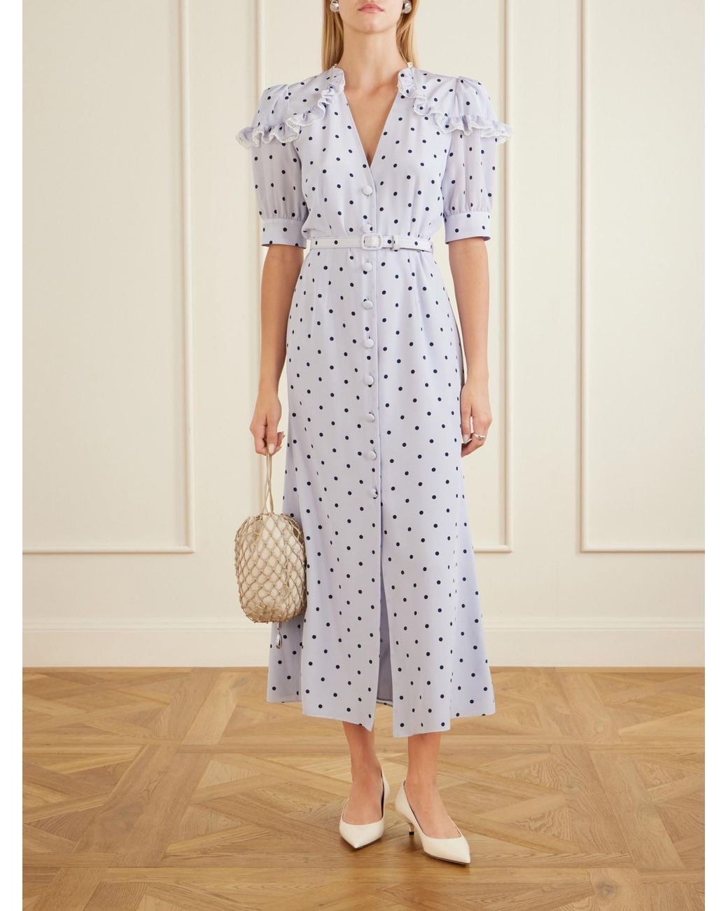 Alessandra Rich White Lace-Trimmed Silk Midi Dress