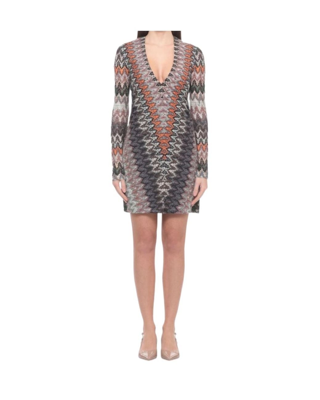 Missoni Gray Chevron Knit V-Neck Knitted Dress