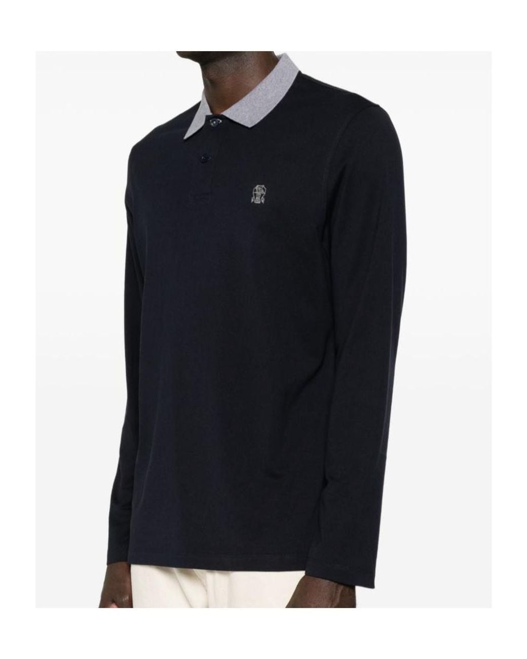 Brunello Cucinelli Black Logo Embroidered Long-Sleeved Polo Shirt for men