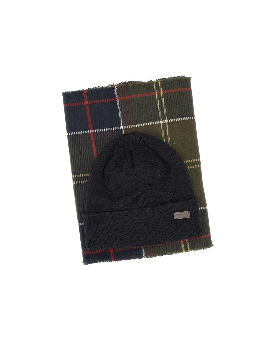 Barbour Black Plaid Scarf Knitted Hat Two-Piece Package for men