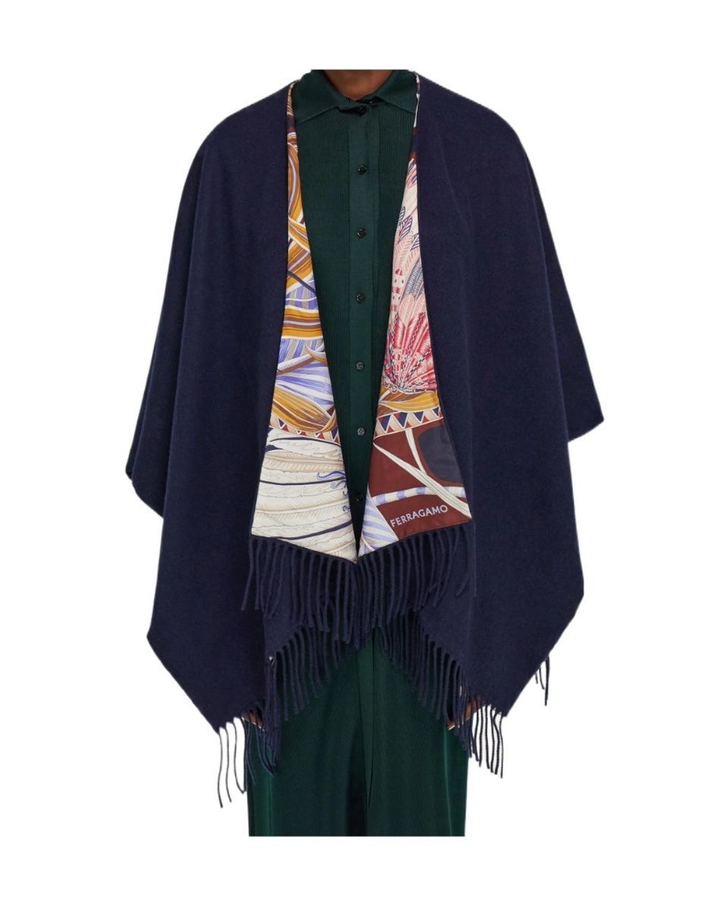 Ferragamo Blue Cashmere And Silk Reversible Cape