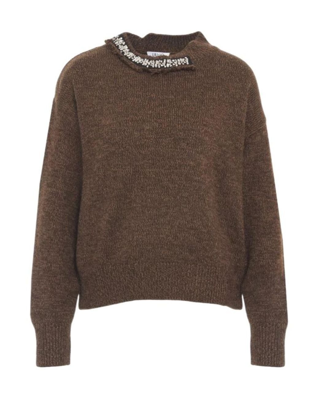 Liu Jo Brown Embellished Round-Neck Knitted Sweater