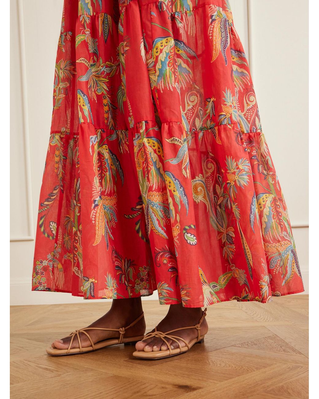 Etro Red Ruffled Printed Cotton Maxi Dress