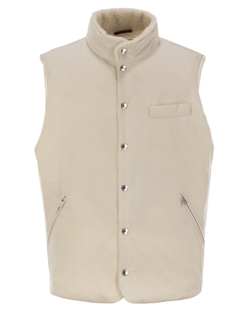 Brunello Cucinelli Natural Sleeveless Down Jacket With Sheepskin Collar for men
