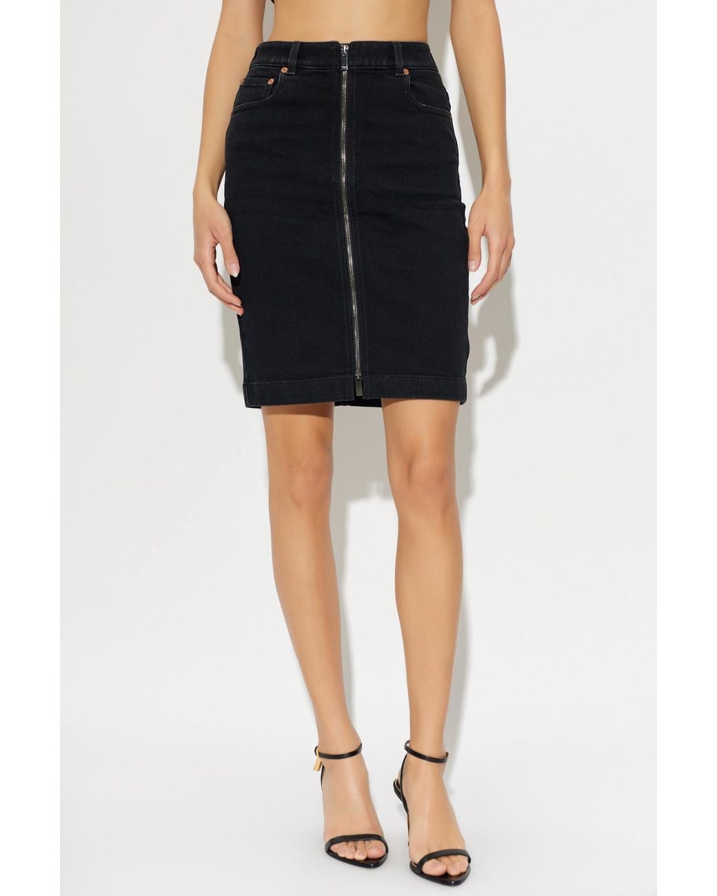 Balmain Black Zip-Front Denim Skirt