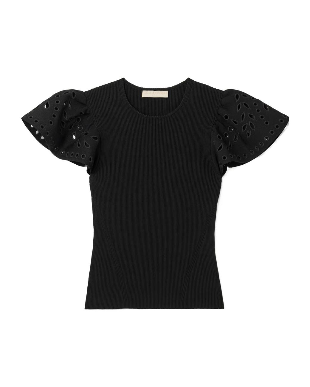 Ulla Johnson Black Edith Embroidered Ruffled Ribbed-Knit Top