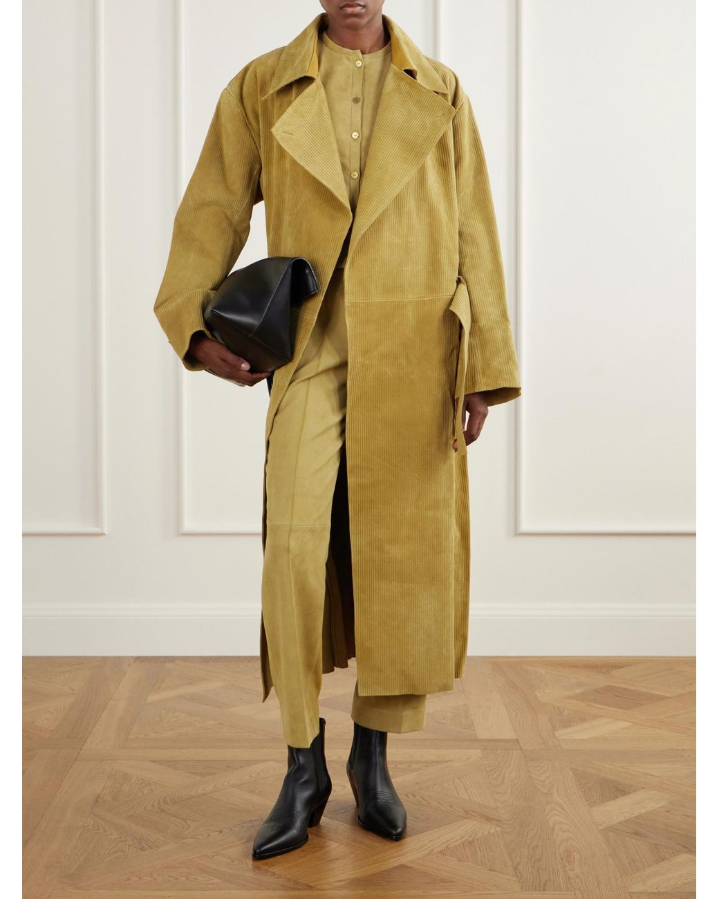 Stouls Yellow Belted Corduroy Suede Coat