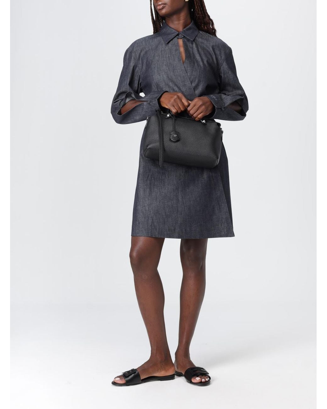Fendi Blue Asymmetrical Cross-Over Fasten Belted Shirt Dress