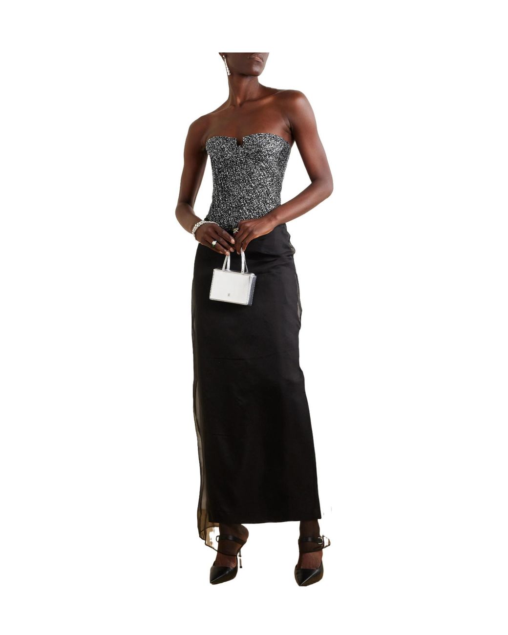 Sandra Mansour Gray Strapless Glittered Tulle Bustier Top