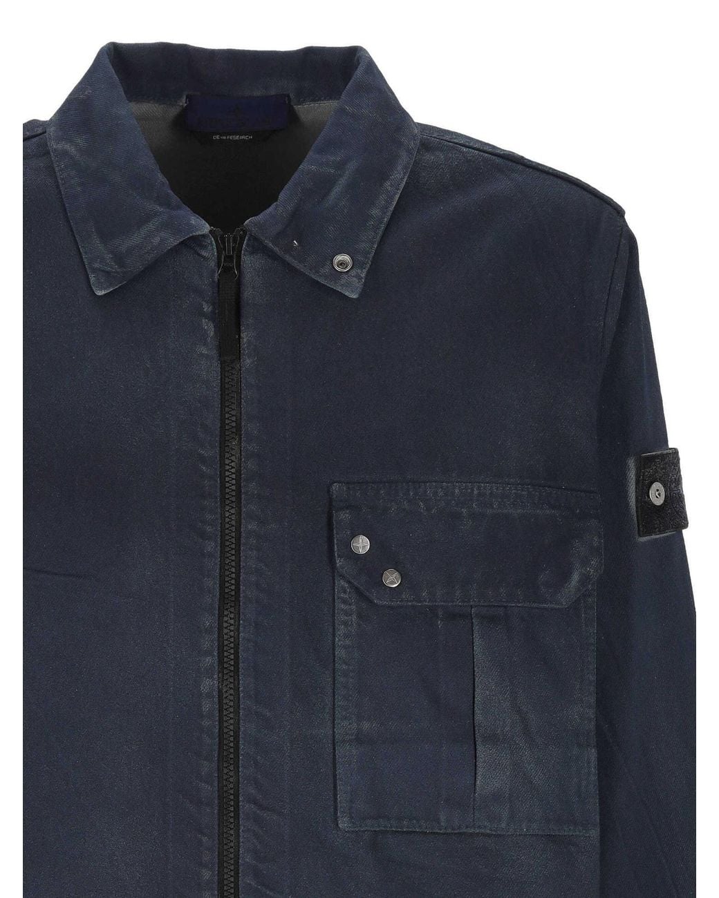 Stone Island Blue Logo Patch Zip-Up Denim Jacket for men