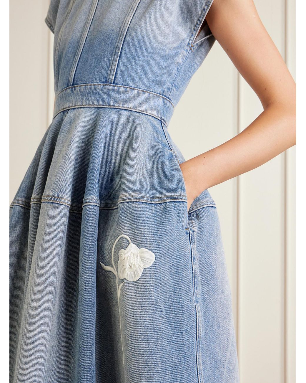 Erdem Blue Floral-Appliquéd Denim Midi Dress