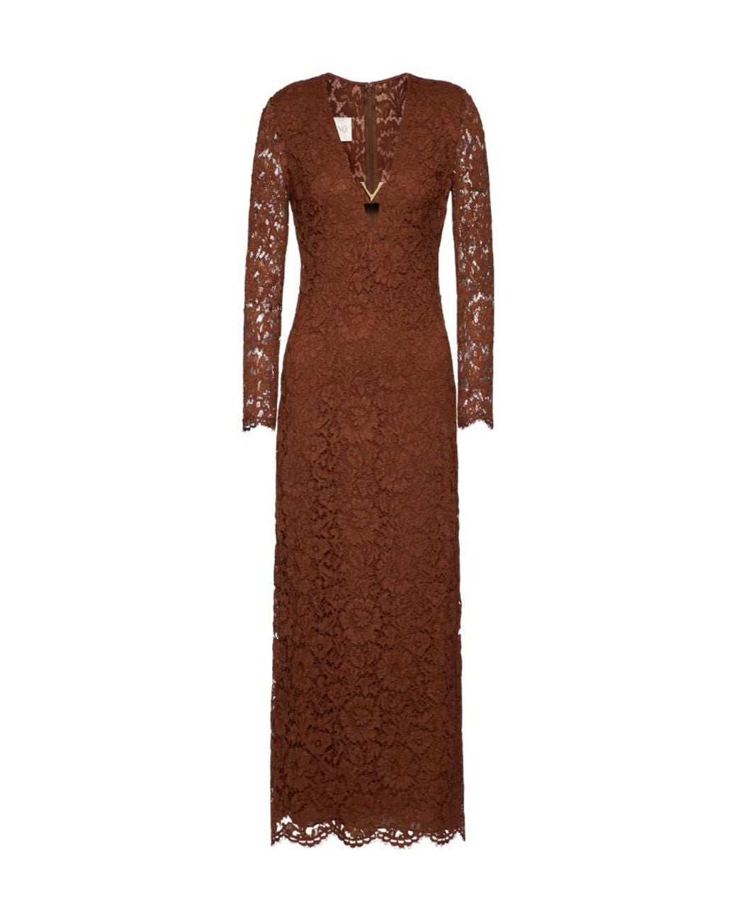 Valentino Brown Floral-Lace Long-Sleeve Long Dress