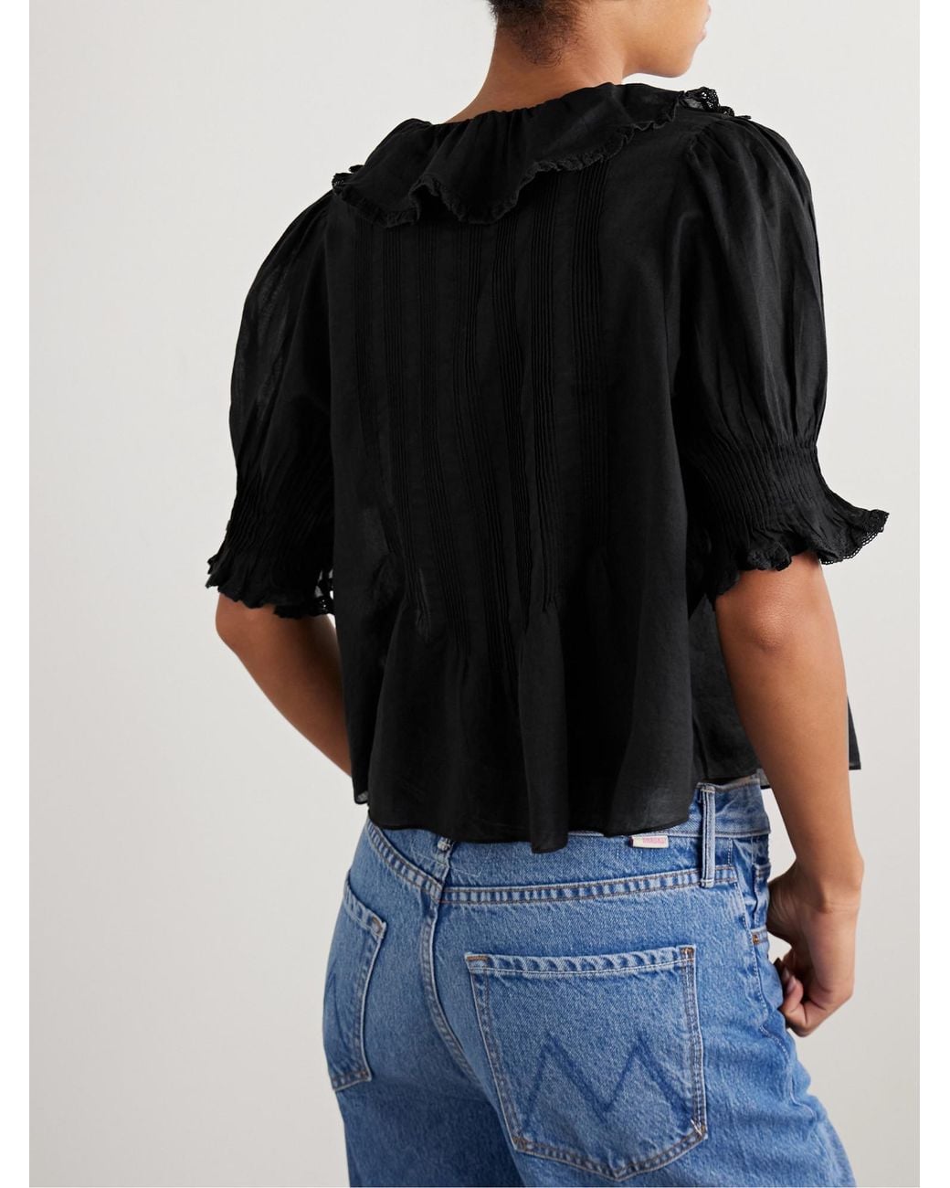 Doen Black Ruffled Pintucked Organic Cotton-Voile Top