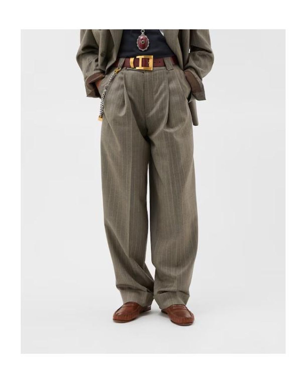 Versace Green Pinstripe Twill Oversized Pants for men