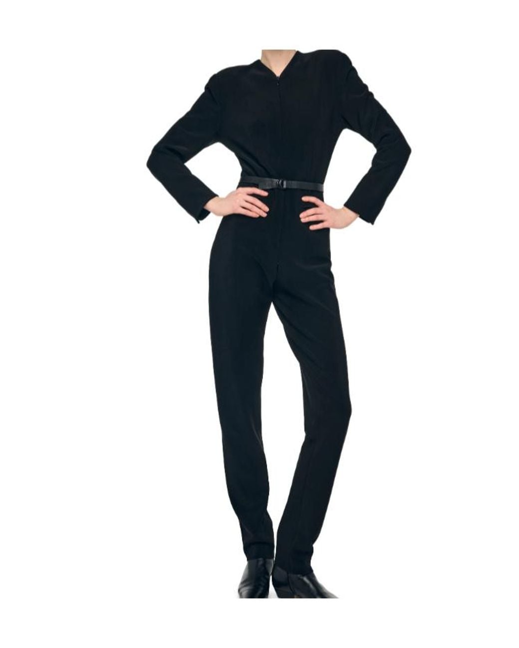 Norma Kamali Black Ls V Neck Zip Front Tapered Jumpsuit