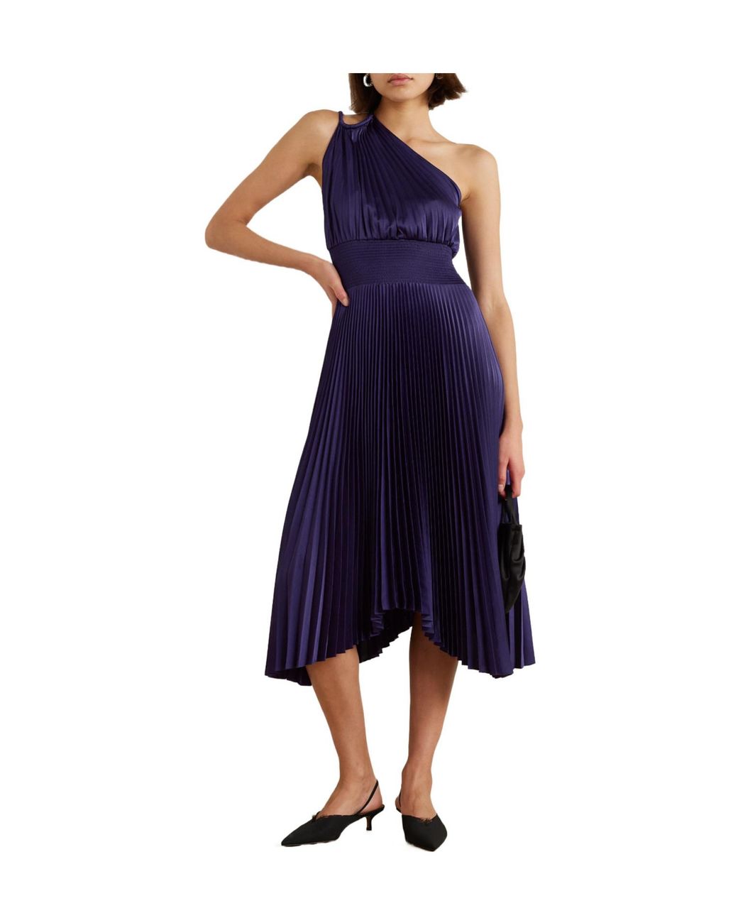 A.L.C. Blue Asymmetric Pleated Satin Midi Dress
