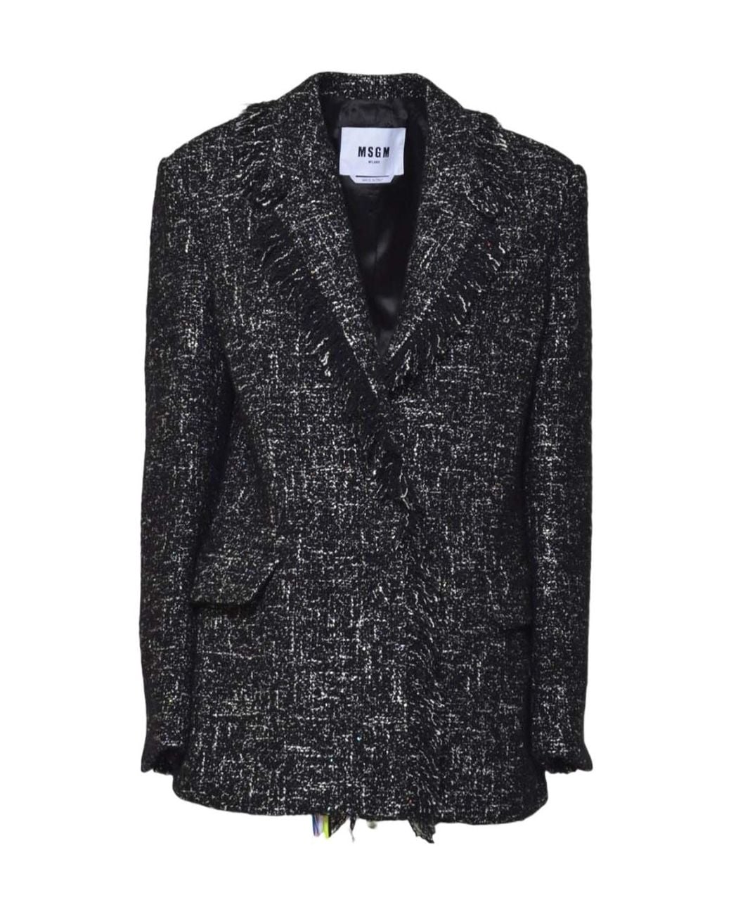 MSGM Black Fringed Tweed Blazer