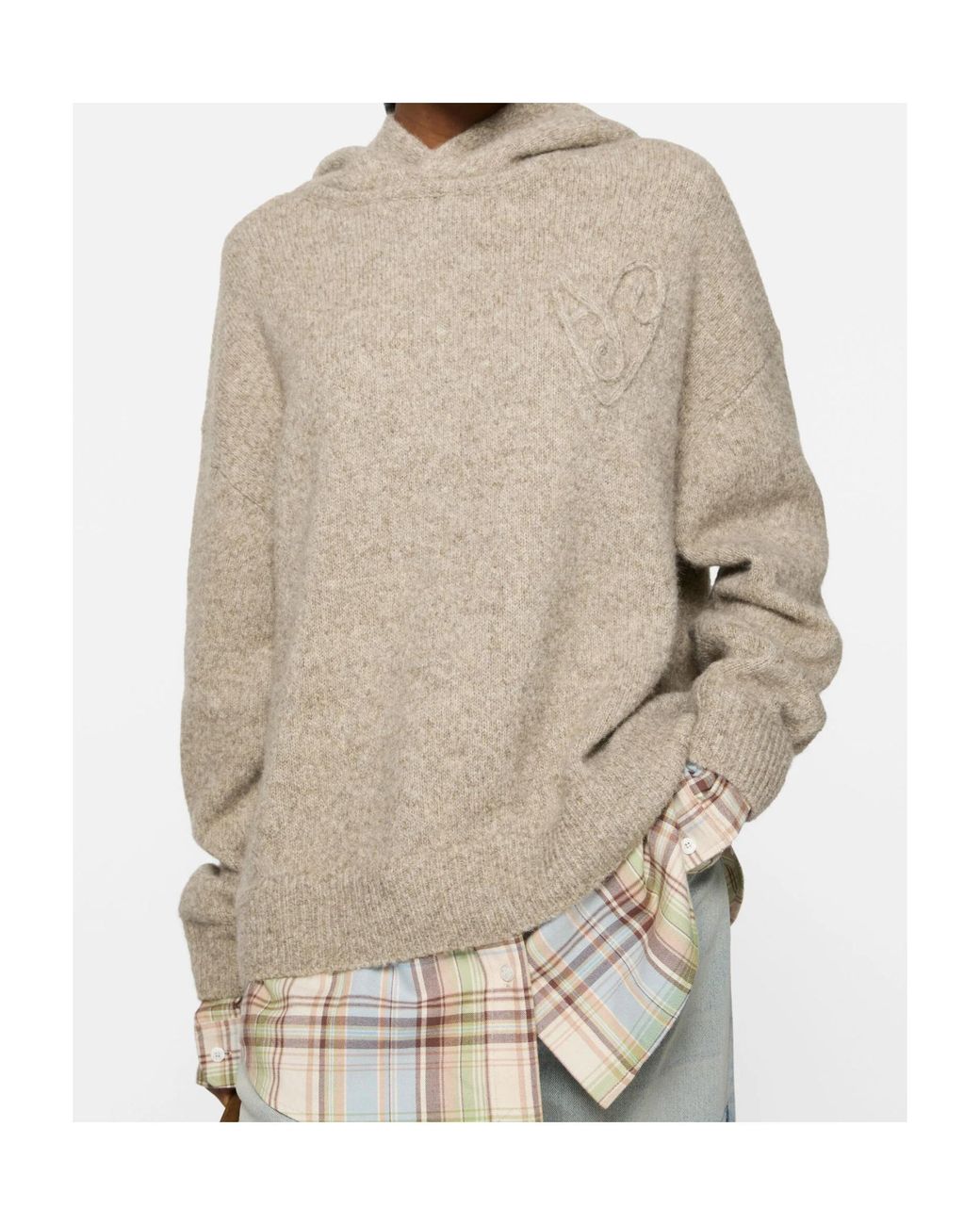 Acne Natural Layered Plaid Drop-Shoulder Hoodie