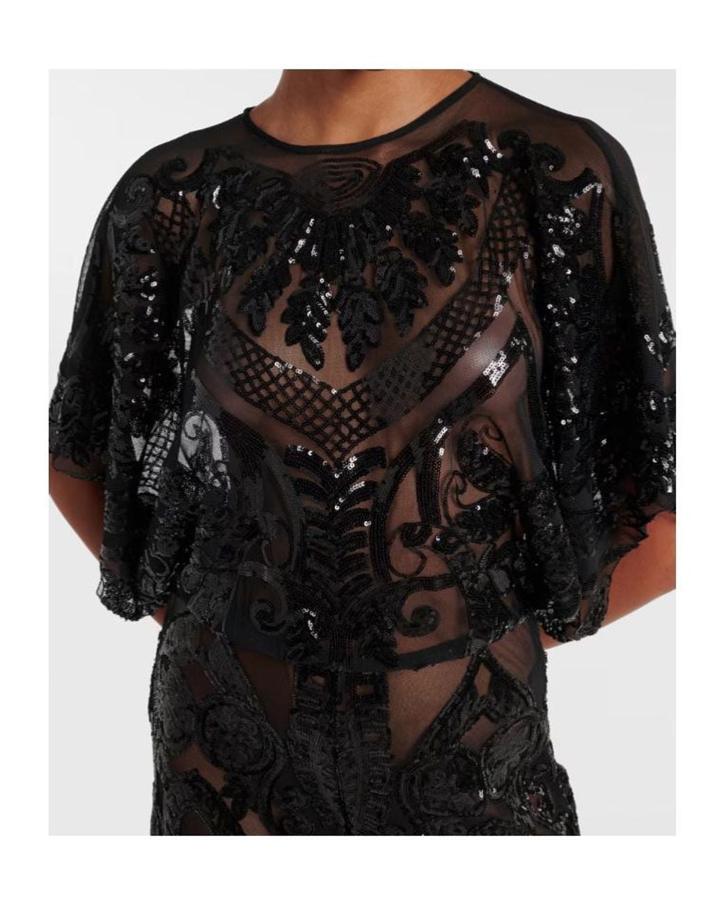 Norma Kamali Black Obie Sequined Semi-Sheer Mesh Jumpsuit