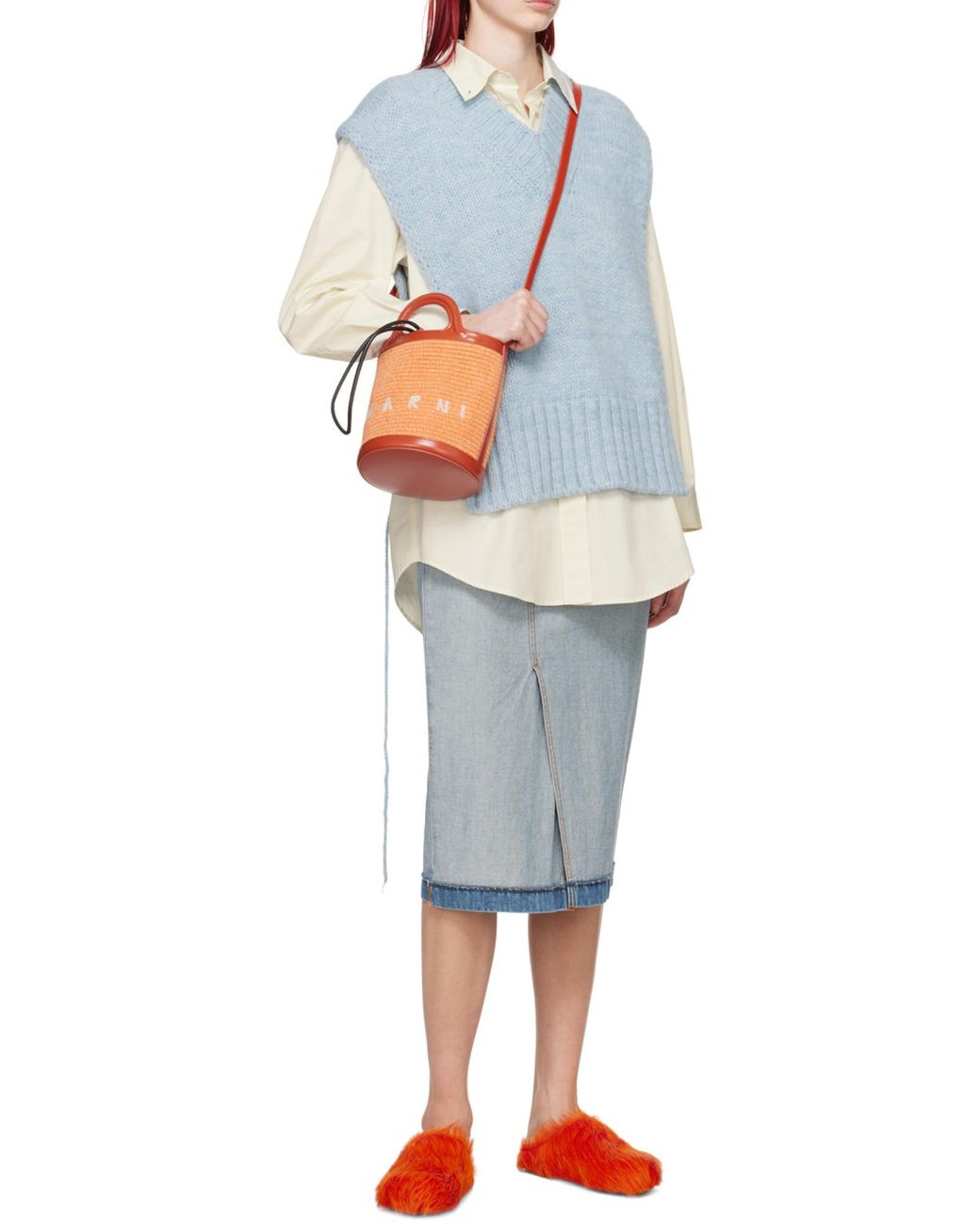 Marni Orange Logo Embroidered Bucket Bag