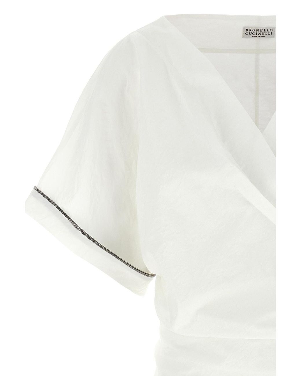 Brunello Cucinelli White Shiny Trim Poplin Kimono-Style Top