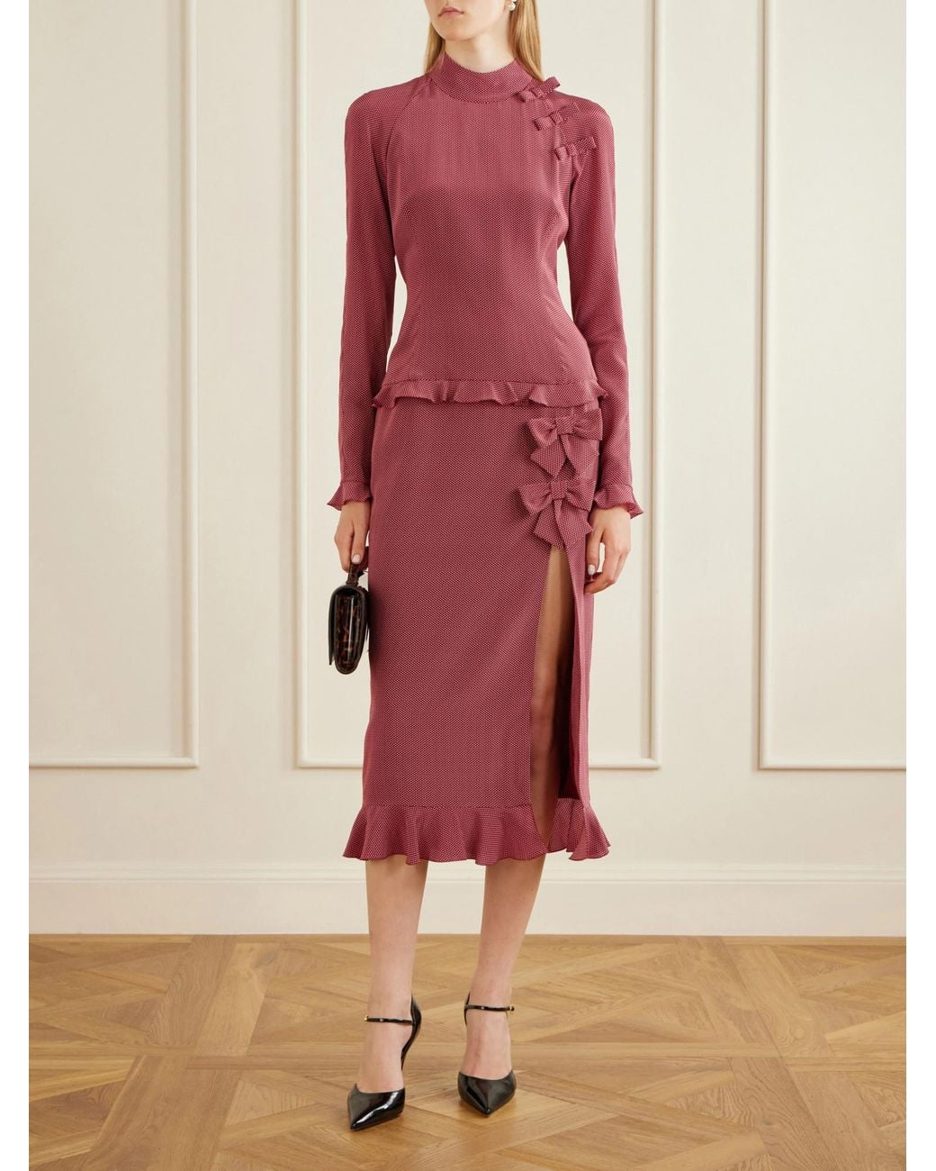Alessandra Rich Red Bow-Detailed Polka-Dot Silk-Crepe Midi Dress