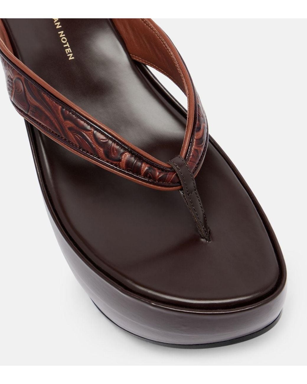 Dries Van Noten Brown Embossed Leather Platform Flip-Flops