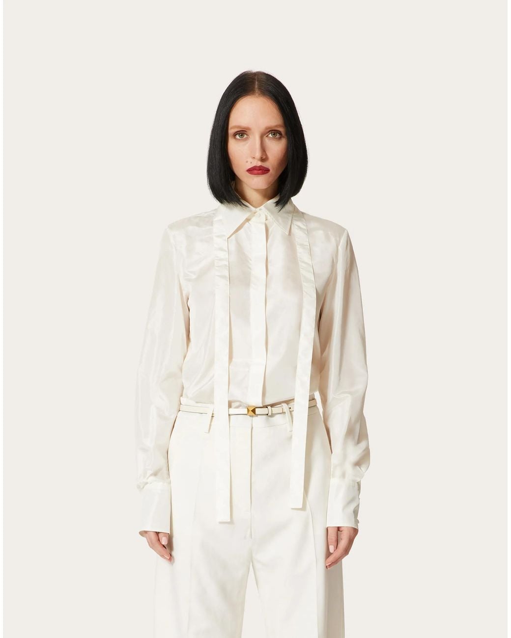 Valentino White Pussy Bow-Collar Silk Shirt