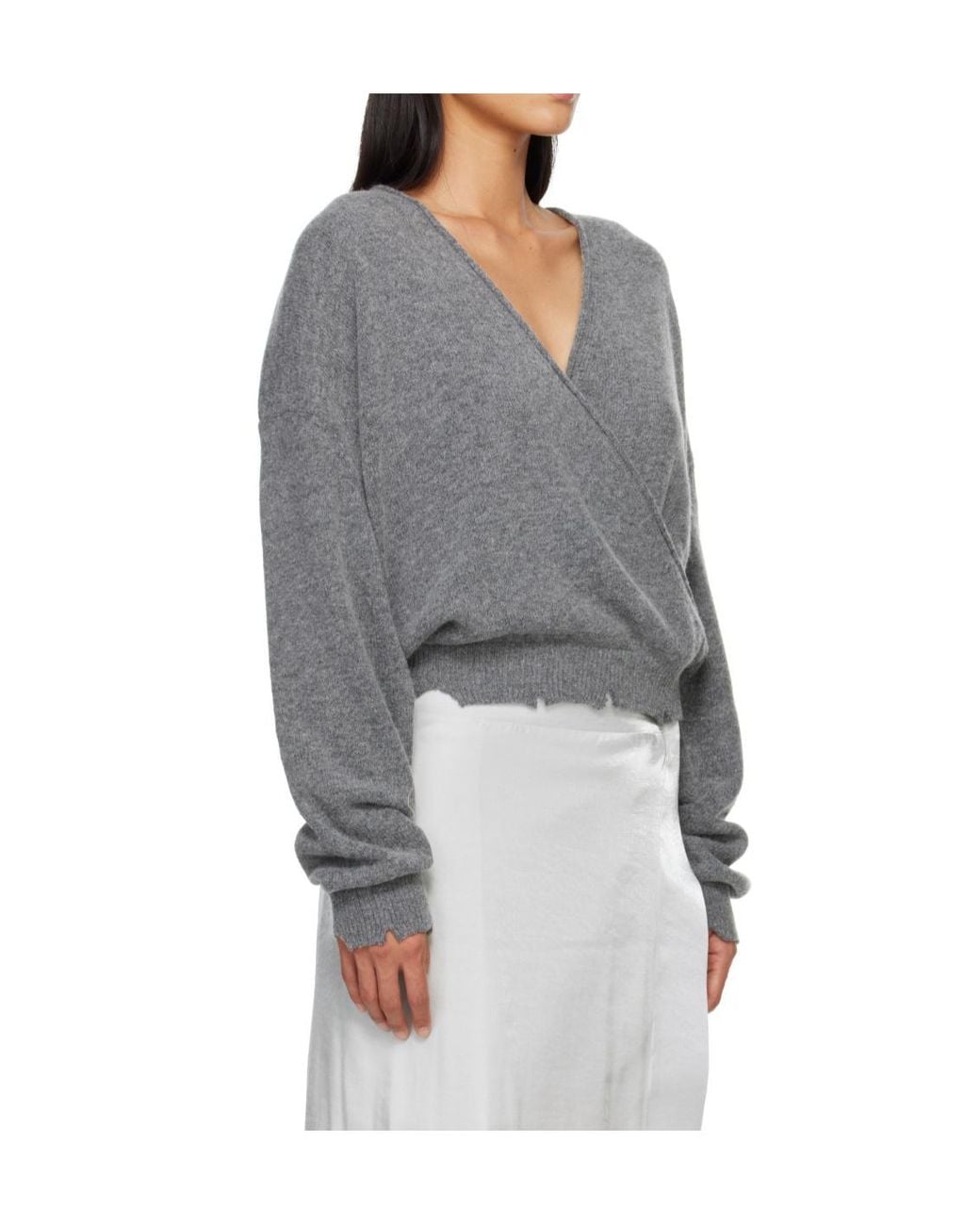 OPEN YY Gray Wool-Blend Crossover Wrap-Style Knit Sweater