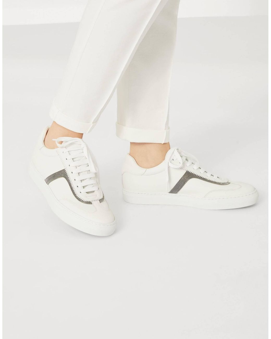 Brunello Cucinelli White Precious Detailed Lace-Up Sneakers