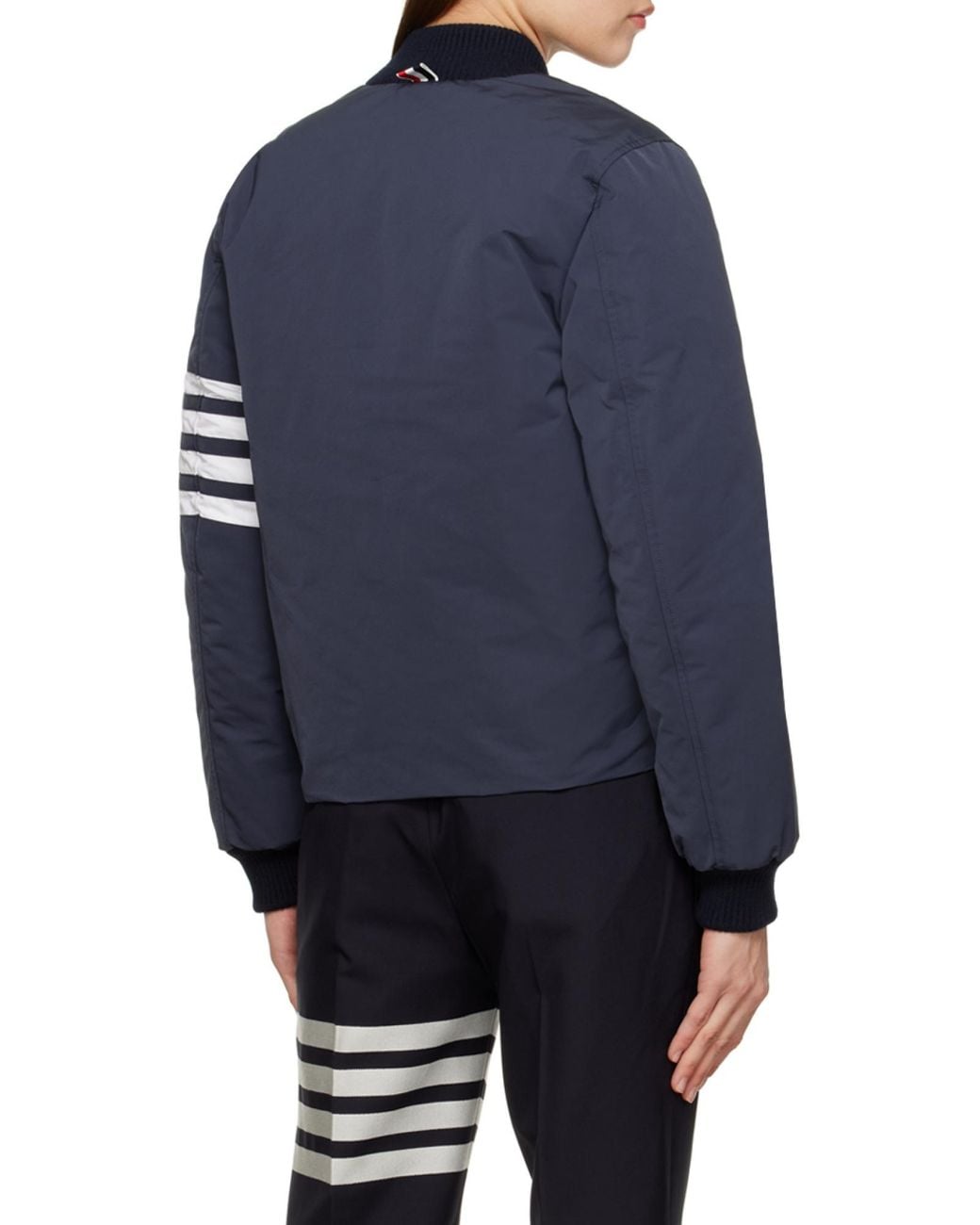 Thom Browne Blue Tech Faille 4 Striped Down Jacket