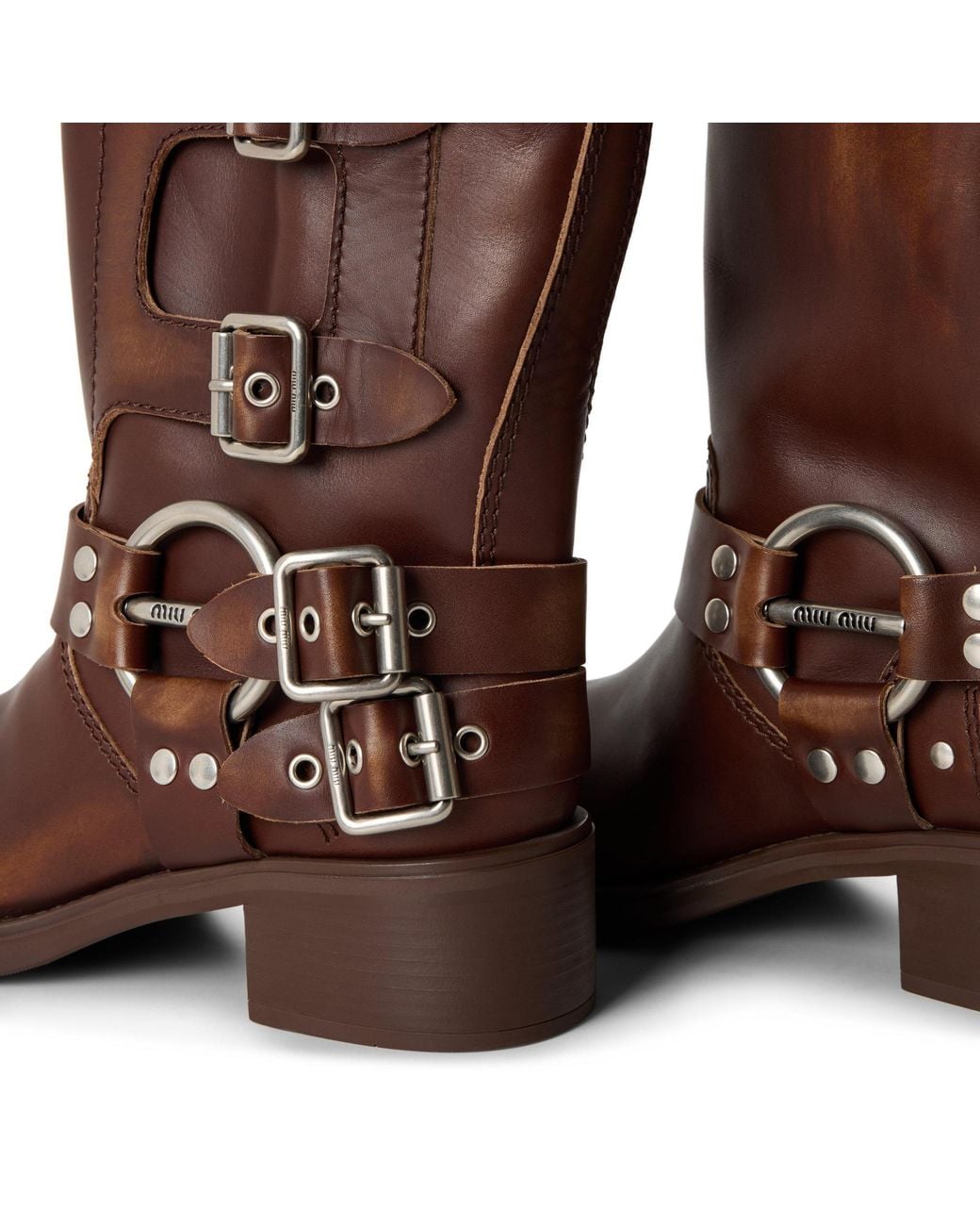Miu Miu Brown Leather Mid-Calf Biker Boot Decorated