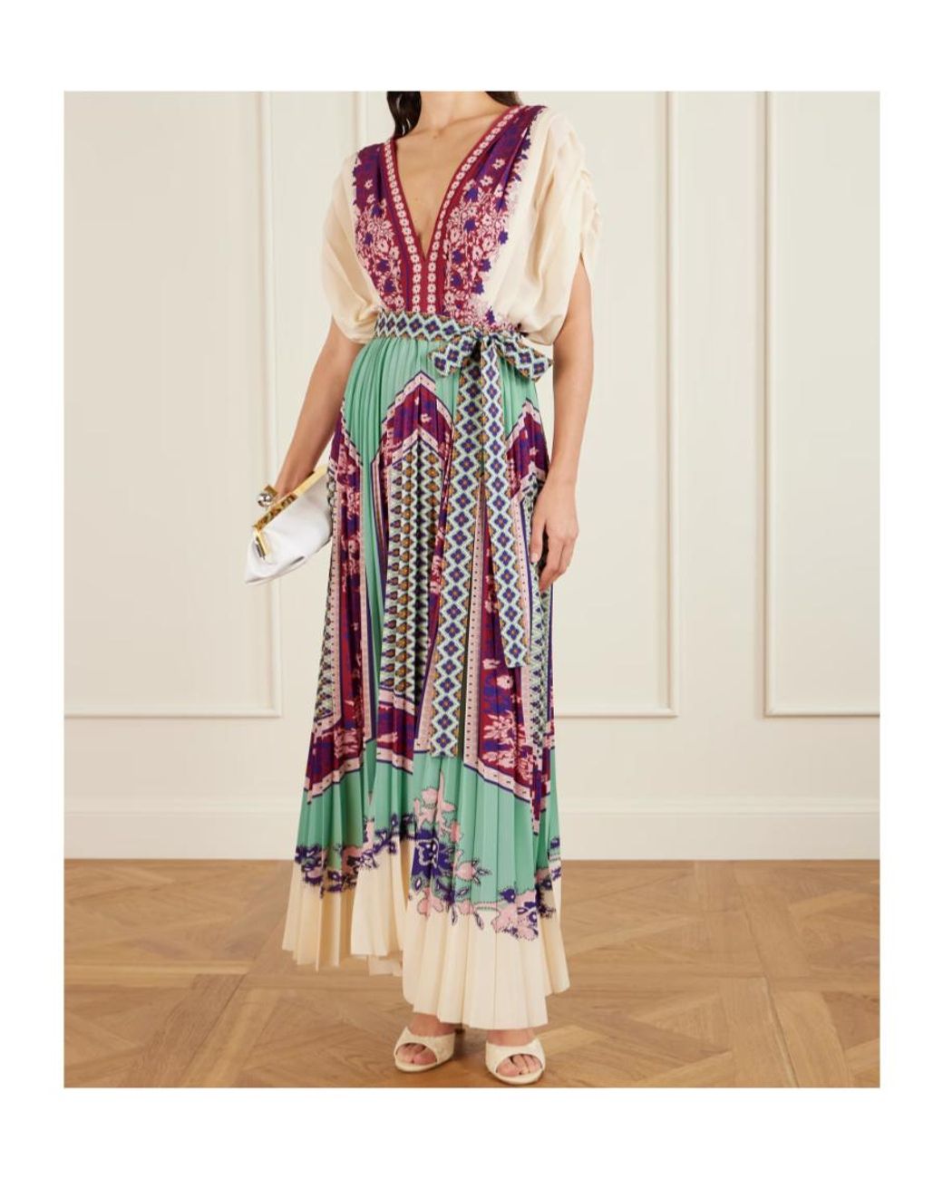 LaDoubleJ Multicolor V-Neck Floral Pleated Midi Dress